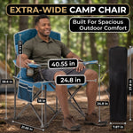 Man seated in an extra-wide oversized camping chair showing 40.55 inch width, 24.8 inch seat and folded carry bag size