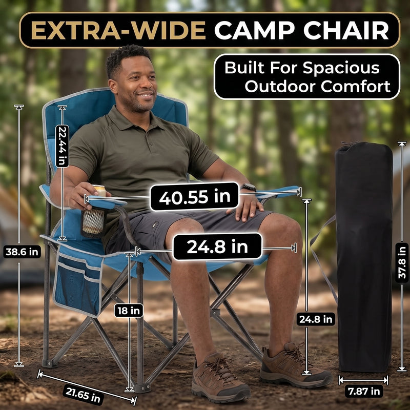 Man seated in an extra-wide oversized camping chair showing 40.55 inch width, 24.8 inch seat and folded carry bag size