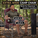 Man seated in an extra-wide oversized camping chair showing 40.55 inch width, 24.8 inch seat and folded carry bag size