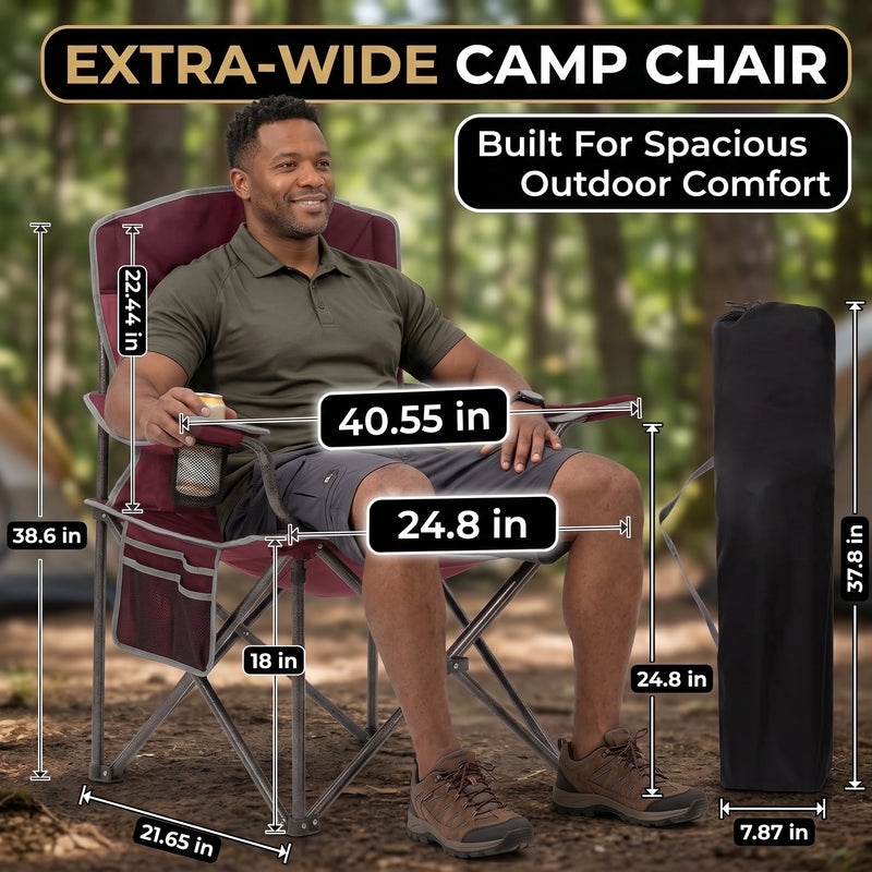 Man seated in an extra-wide oversized camping chair showing 40.55 inch width, 24.8 inch seat and folded carry bag size