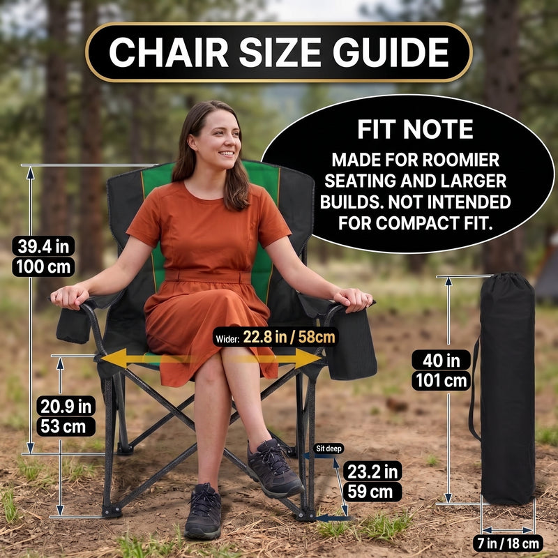 Man seated in an extra-wide oversized camping chair showing 40.55 inch width, 24.8 inch seat and folded carry bag size