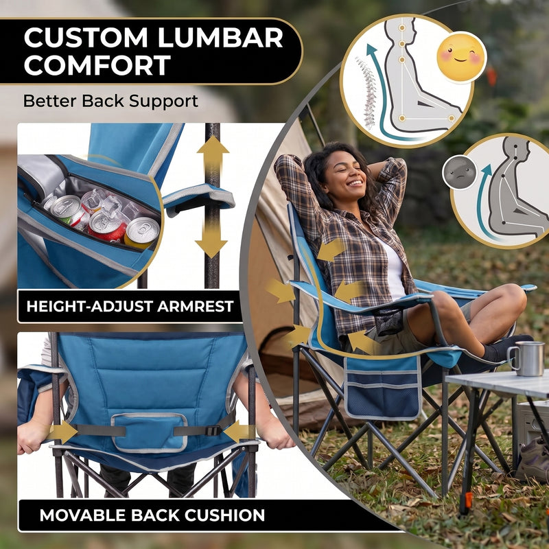 Woman relaxing in a black oversized camping chair by a lake with a water bottle in the cup holder beside a tent