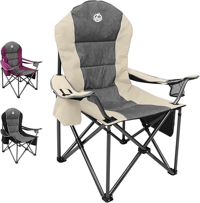 Oversized Portable Camping Chair with Lumbar Support & Cooler Bag - Beige
