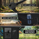 Close-up composite showing the chair's anti-slip foot mat, side cup holder, and convenient side pocket