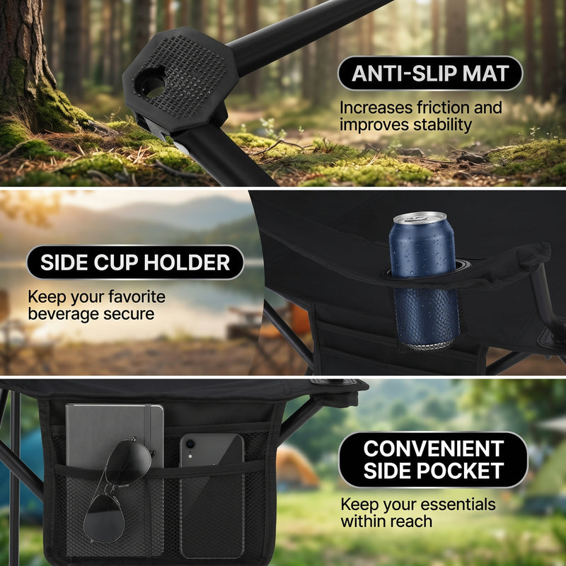 Close-up composite showing the chair's anti-slip foot mat, side cup holder, and convenient side pocket
