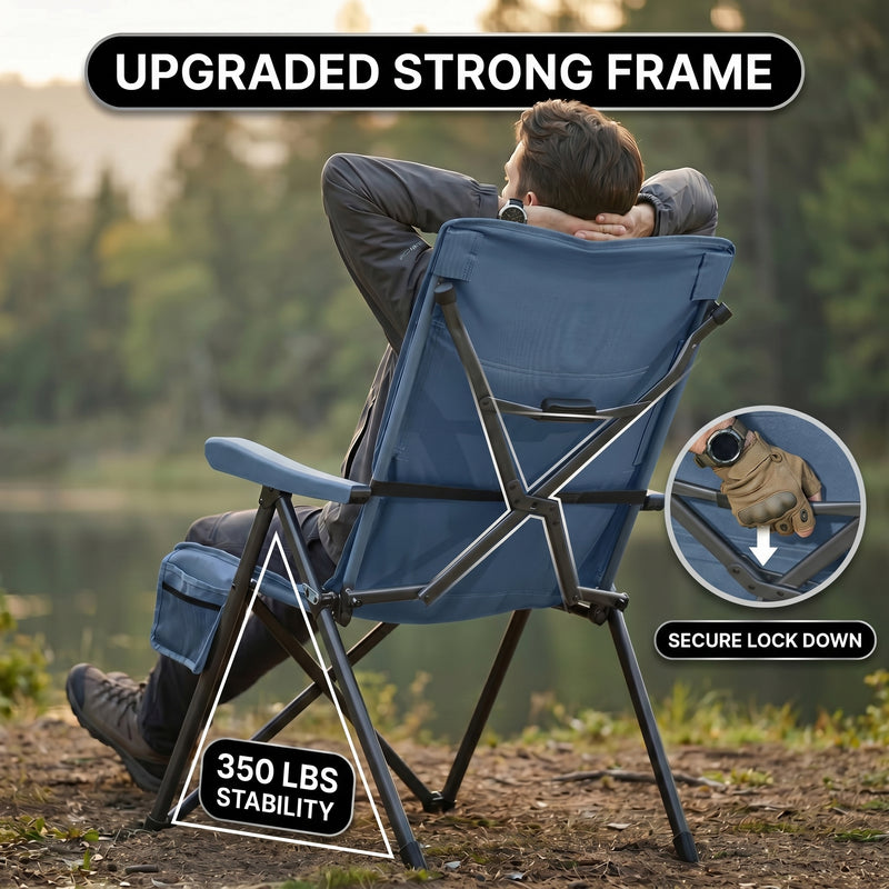 Close-up composite showing the chair's anti-slip foot mat, side cup holder, and convenient side pocket