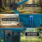 Close-up composite showing the chair's anti-slip foot mat, side cup holder, and convenient side pocket