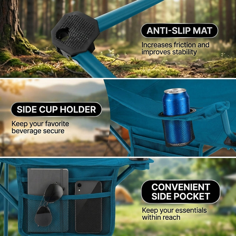 Close-up composite showing the chair's anti-slip foot mat, side cup holder, and convenient side pocket