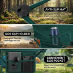 Close-up composite showing the chair's anti-slip foot mat, side cup holder, and convenient side pocket