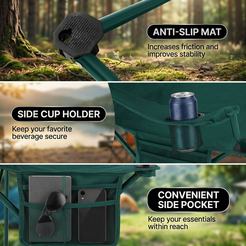 Close-up composite showing the chair's anti-slip foot mat, side cup holder, and convenient side pocket