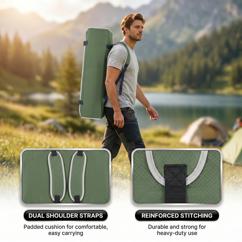 Close-up composite showing the chair's anti-slip foot mat, side cup holder, and convenient side pocket
