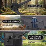 Close-up composite showing the chair's anti-slip foot mat, side cup holder, and convenient side pocket