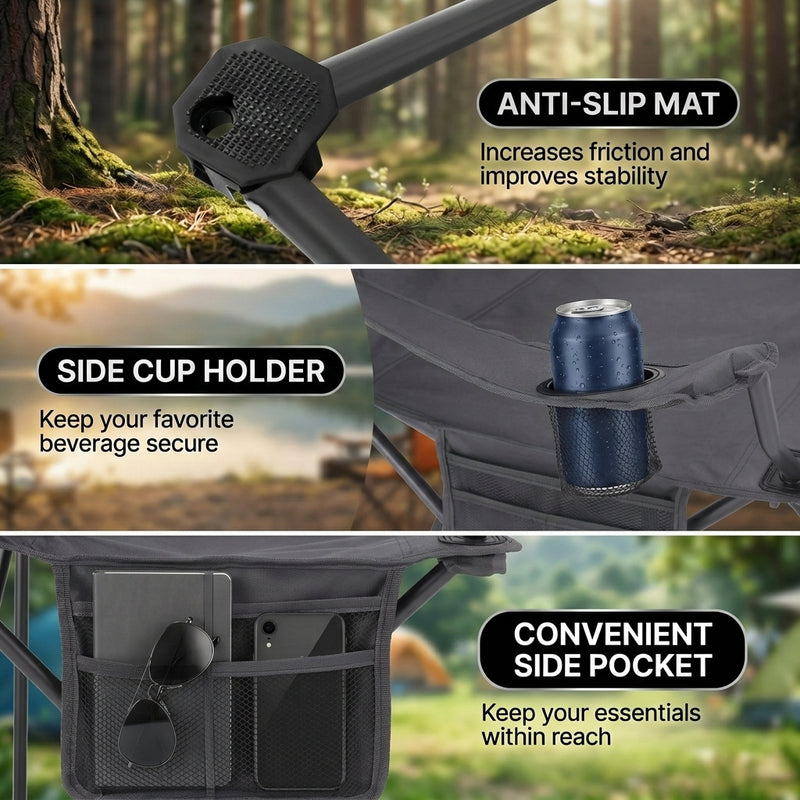 Close-up composite showing the chair's anti-slip foot mat, side cup holder, and convenient side pocket