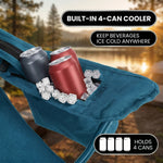 Close-up of the folding camping chair's built-in insulated pouch holding four cans with ice