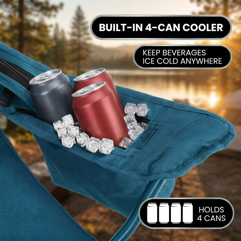 Close-up of the folding camping chair's built-in insulated pouch holding four cans with ice