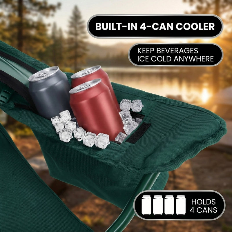 Close-up of the folding camping chair's built-in insulated pouch holding four cans with ice