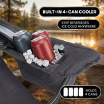 Close-up of the folding camping chair's built-in insulated pouch holding four cans with ice