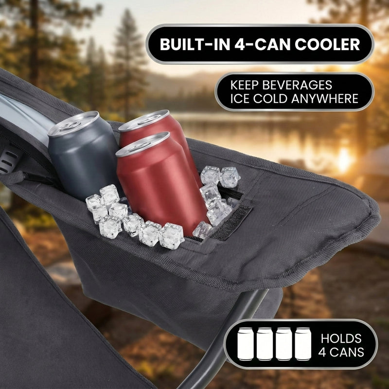 Close-up of the folding camping chair's built-in insulated pouch holding four cans with ice