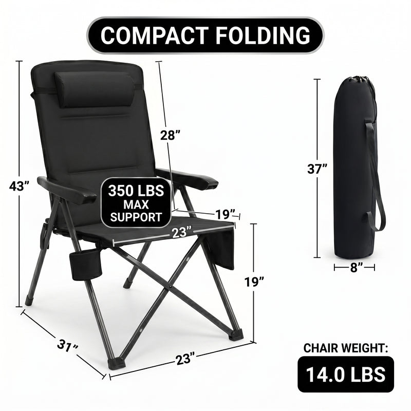 Product dimensions diagram for the oversized folding camping chair showing dimensions