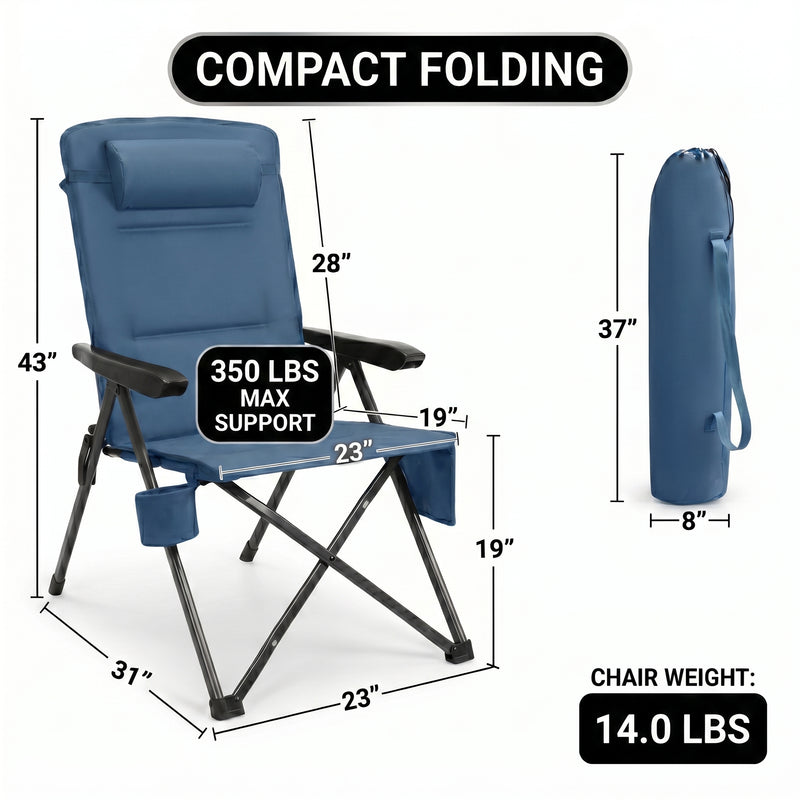 Product dimensions diagram for the oversized folding camping chair showing dimensions