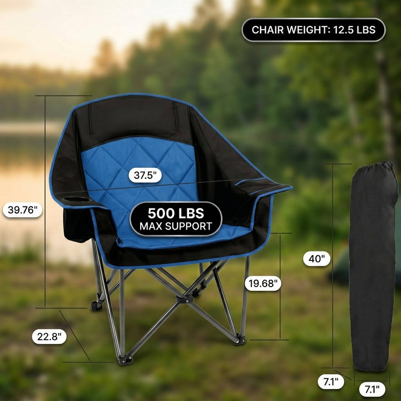 Product dimensions diagram for the oversized folding camping chair showing dimensions