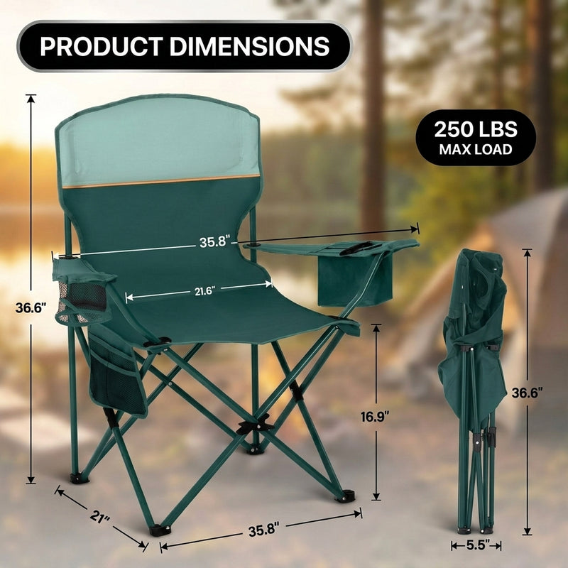 Product dimensions diagram for the oversized folding camping chair showing dimensions