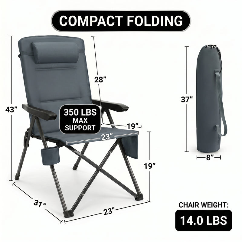 Product dimensions diagram for the oversized folding camping chair showing dimensions