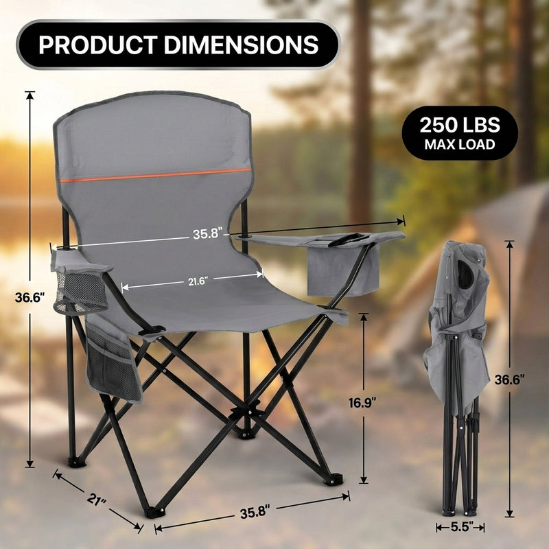 Product dimensions diagram for the oversized folding camping chair showing dimensions