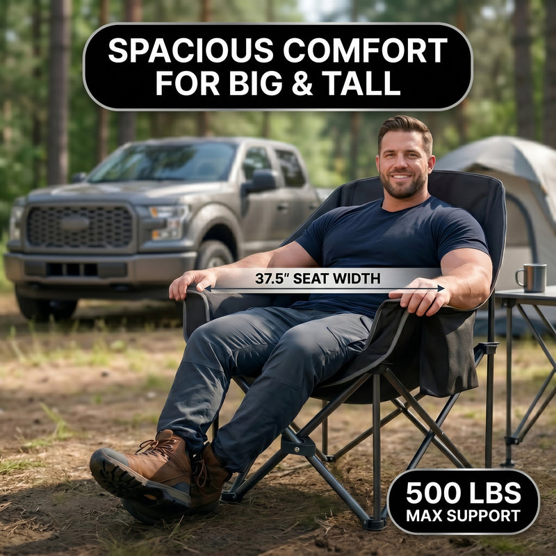 Infographic showing the oversized folding camping chair high weight capacity with a 4-point support frame diagram