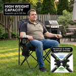 Infographic showing the oversized folding camping chair high weight capacity with a 4-point support frame diagram