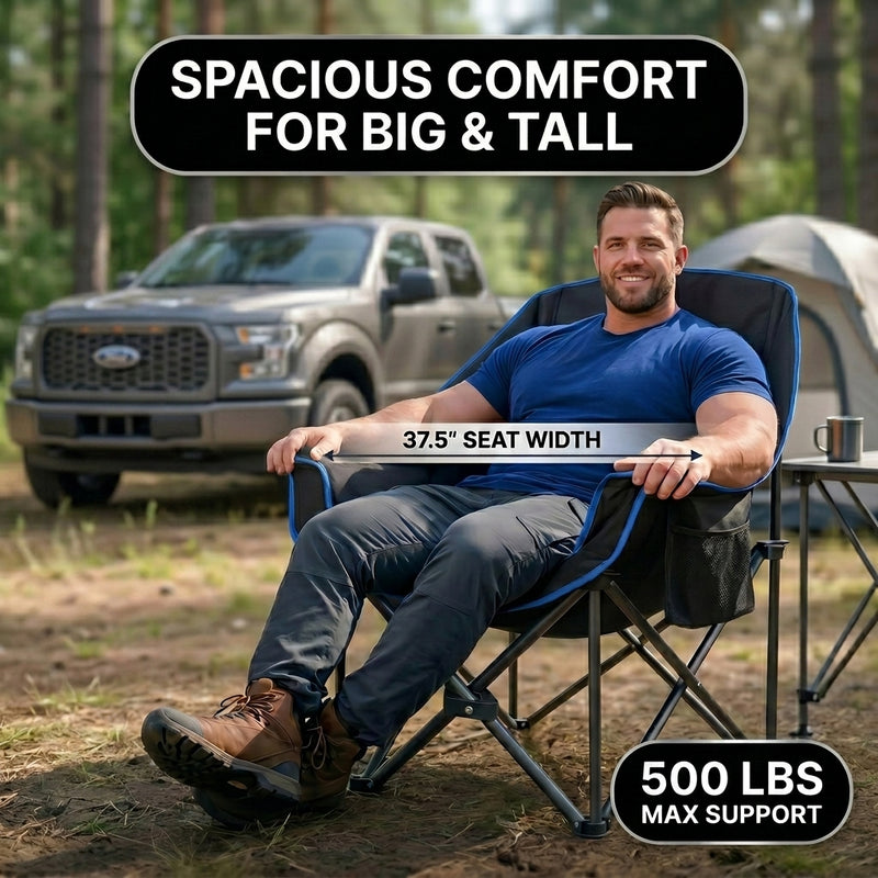 Infographic showing the oversized folding camping chair high weight capacity with a 4-point support frame diagram