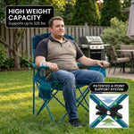 Infographic showing the oversized folding camping chair high weight capacity with a 4-point support frame diagram