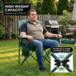 Infographic showing the oversized folding camping chair high weight capacity with a 4-point support frame diagram