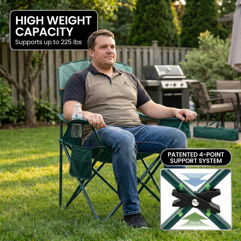 Infographic showing the oversized folding camping chair high weight capacity with a 4-point support frame diagram
