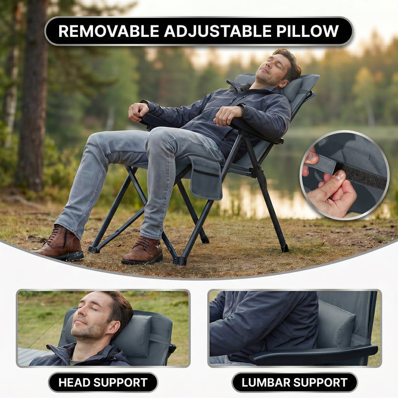 Infographic showing the oversized folding camping chair high weight capacity with a 4-point support frame diagram