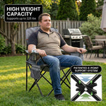 Infographic showing the oversized folding camping chair high weight capacity with a 4-point support frame diagram