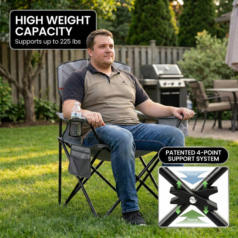 Infographic showing the oversized folding camping chair high weight capacity with a 4-point support frame diagram