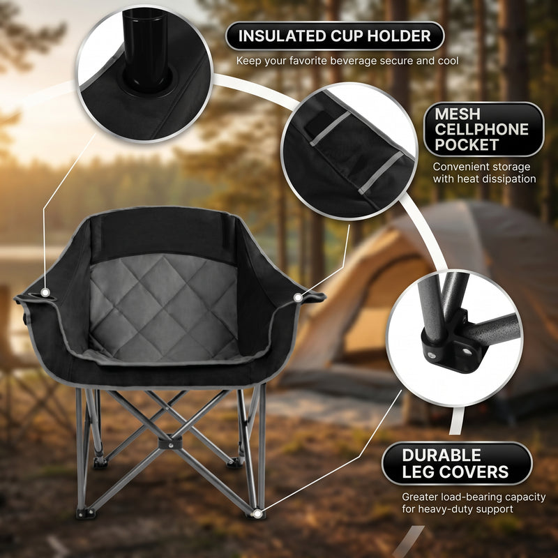 Man and woman sitting in oversized folding camping chairs in a park with camping, outdoor party, and fishing use-case icons