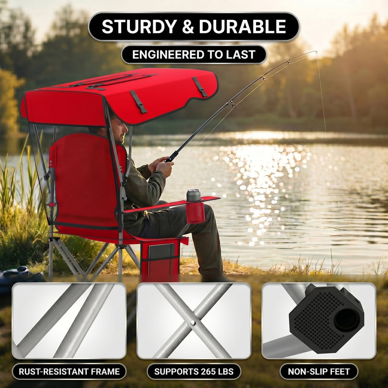 Man and woman sitting in oversized folding camping chairs in a park with camping, outdoor party, and fishing use-case icons