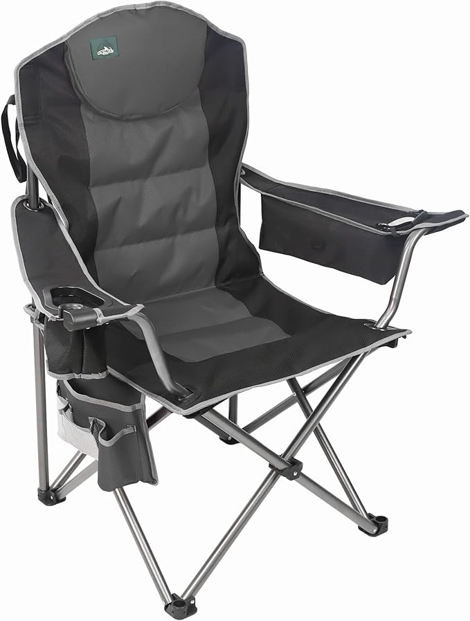 Oversized Portable Camping Chair with Lumbar Support & Cooler Bag - Black & Grey