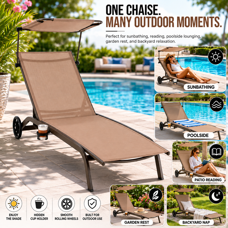 Navy chaise lounger with canopy shown in patio, poolside, garden and backyard settings