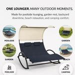 Navy chaise lounger with canopy shown in patio, poolside, garden and backyard settings