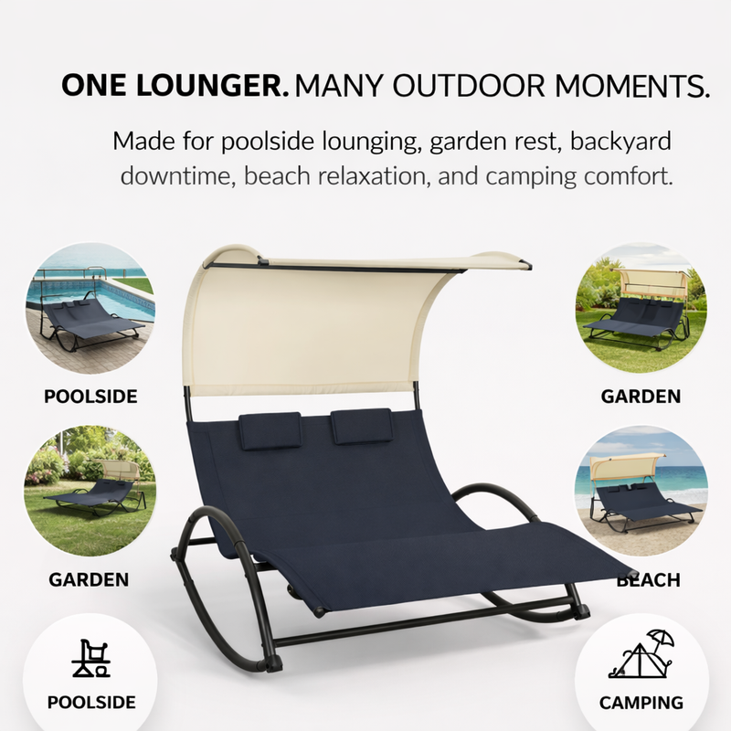 Navy chaise lounger with canopy shown in patio, poolside, garden and backyard settings