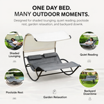 Navy chaise lounger with canopy shown in patio, poolside, garden and backyard settings