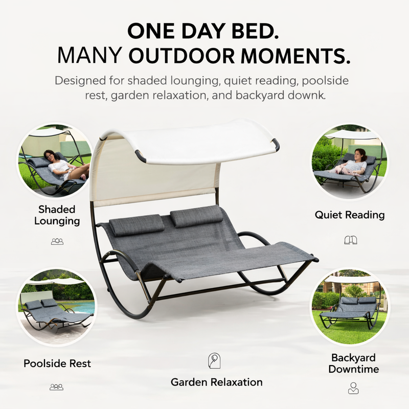 Navy chaise lounger with canopy shown in patio, poolside, garden and backyard settings