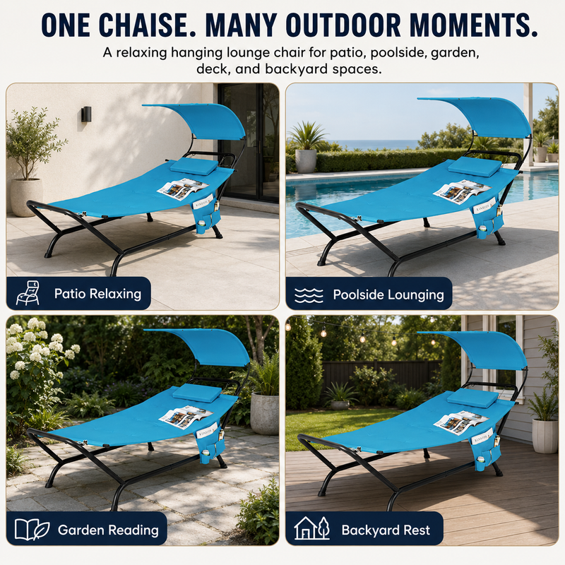Navy chaise lounger with canopy shown in patio, poolside, garden and backyard settings