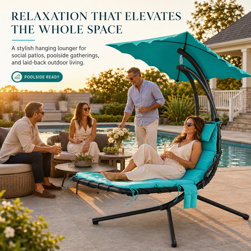 Navy chaise lounger with canopy shown in patio, poolside, garden and backyard settings