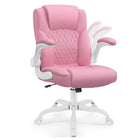 Pink and white ergonomic gaming chair with extended footrest and chrome base