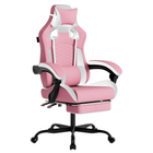 Pink and white ergonomic gaming chair with extended footrest and chrome base