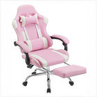 Pink and white ergonomic gaming chair with extended footrest and chrome base